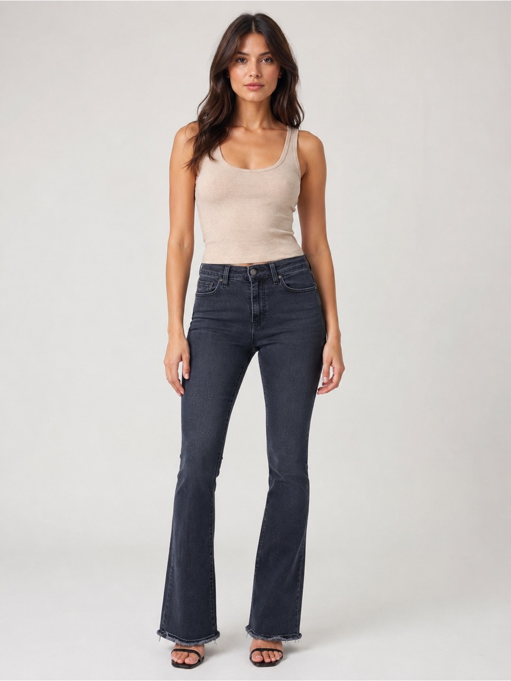 Signature Levi Strauss Ultra High Rise Flare Jeans Black Gray Distressed Hem